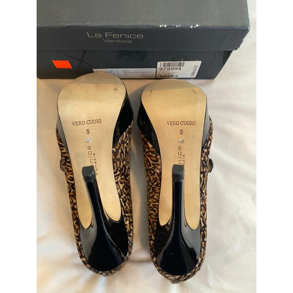 La Fenice Venezia Ginevra Leopard Calf Hair Platform Mary Jane Pumps Heels 5